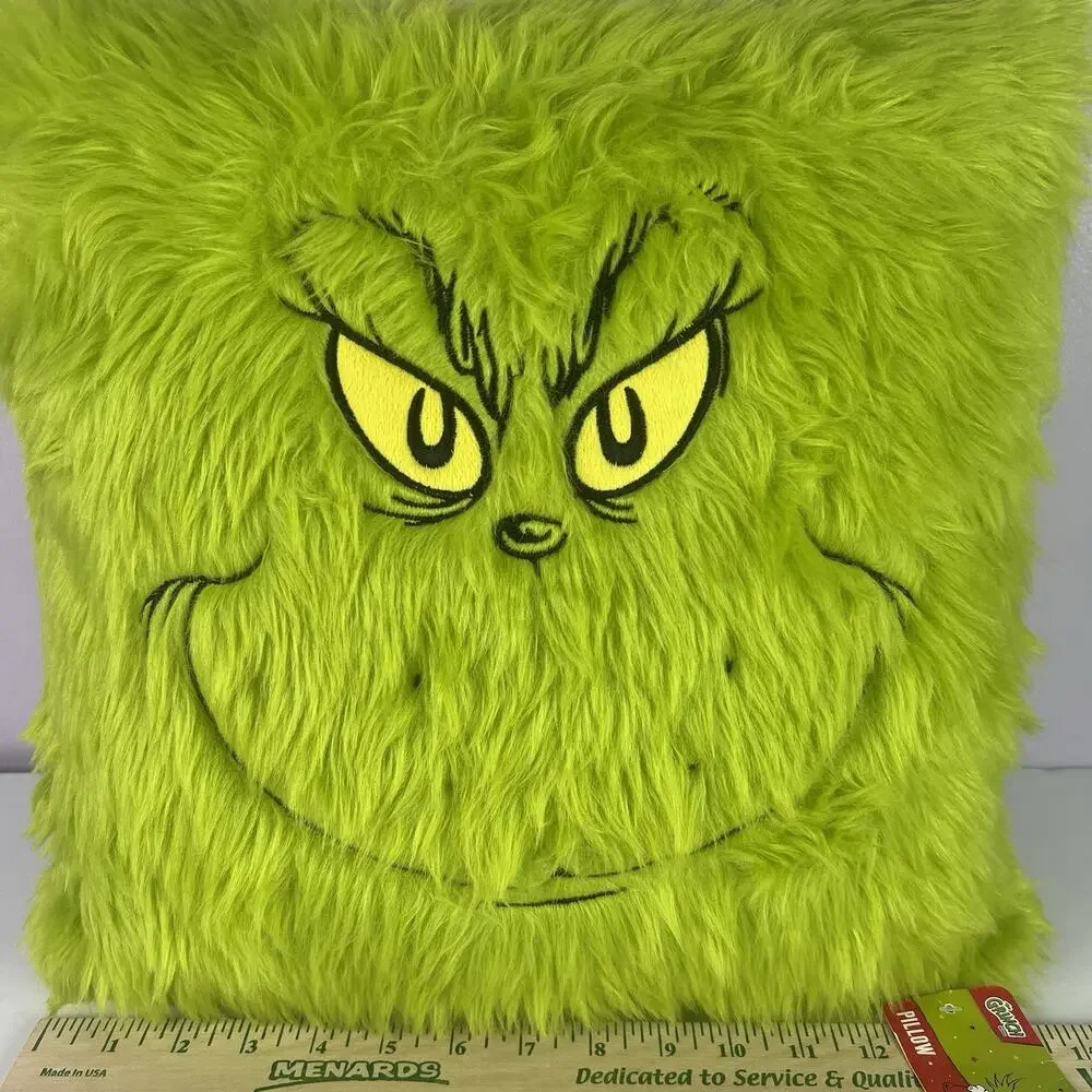 The Grinch Dr. Seuss Throw Pillow Green Faux Fur Face Holiday Christmas Ruz
